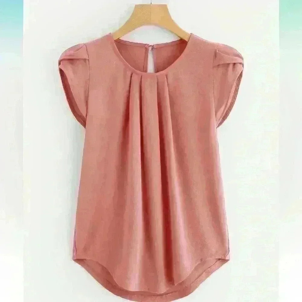 Petal Sleeve Pleated Detail Curved Hem Blouse